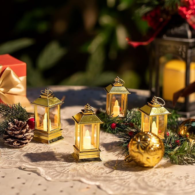 Gold Lanterns Decorative Indoor: 24 Pcs Mini Lanterns for Wedding Table Centerpieces Small Battery Powered LED Lights Bulk for Party Christmas Decor
