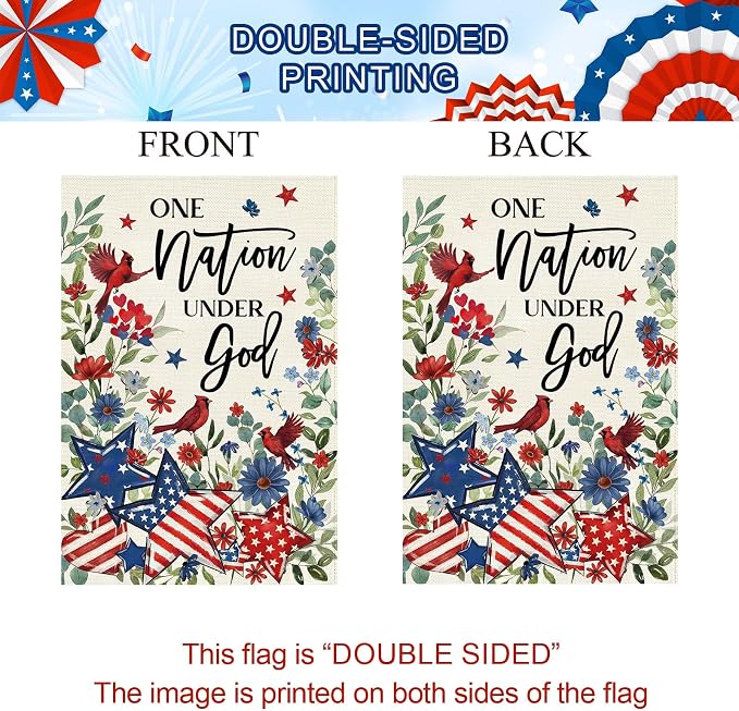 Baccessor 4th of July Cardinal House Flag 28 x 40 Inch Double Sided Burlap,the One Nation Under God Patriotic Memorial Day American Summer Yard Holiday Seasonal Outdoor Outside Decoration