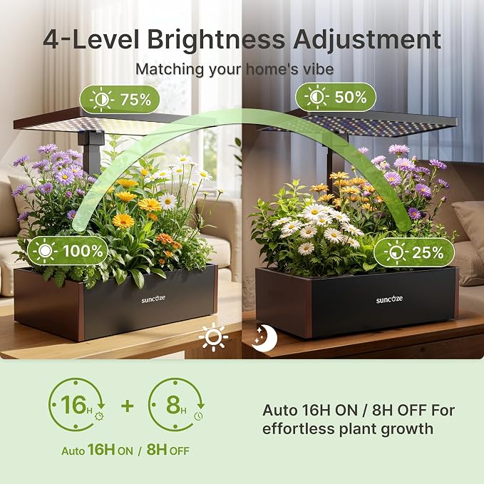 SUNCOZE Hydroponics Growing System Kit, 20 Pods Indoor Herb Garden with 10L Large Tank & Adjustable Height 25", 30W LED Grow Light, LCD Display with Pump & Low Water Reminder, Black&Brown