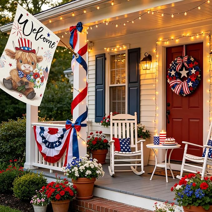 Heyfibro Welcome 4th of July Patriotic Garden Flag 28x40 Double Sided Burlap, Highland Cow with American Flag & Fireworks Yard Banner for Rustic Daisy Independence Day Outdoor Decor