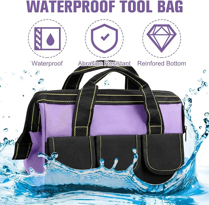 Sanwuta 3 Pack Tool Bag for Men with Waterproof Hard Bottom, Heavy Duty Tool Bag Wide Mouth Tote for Various Instrument, Electrician Carpenter Mechanic(Red, Pink, Light Purple,16 Inch,Classic)