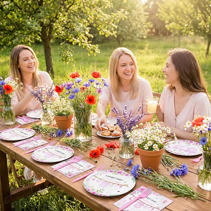 96 Pcs Wildflower Party Decorations Plates and Napkins Forks Floral Pink Disposable Paper Tableware Set for Birthday Flower Gender Reveal Spring Garden Party Supplies for 24 Adult Guests