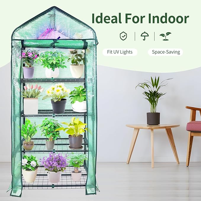 PROWORX 4 Tier Mini Greenhouse for Outdoor Indoor, Double-Layer Roof, Heavy Duty Small Greenhouses with PE Cover, Portable Green Houses for Outside Winter Plant Protection, 64'' H x 27'' L x 20'' W