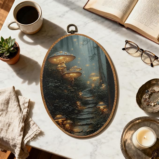 DOFQZ Enchanted Forest Mushroom Oval Wall Art Decor, Whimsical Mystical Mushroom Framed Wall Art, Dark Academia Fantasy Nature Forest Walls Hanging Decor for Home Bedroom Living Room, 8.5x11.5 Inch
