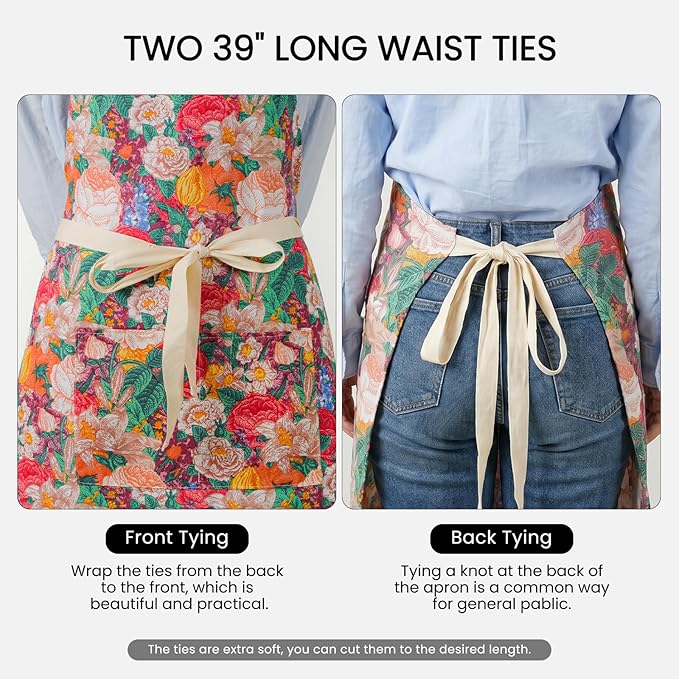 DILLMAN 2 Pack Floral Aprons with Pocket Blooming Womens Waterproof Adjustable Cooking Aprons Kitchen Gardening Salon