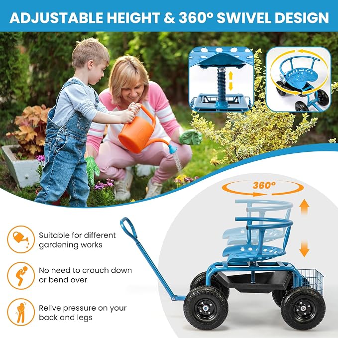 Byroce Rolling Garden Cart with Seat, Heavy Duty Wheelbarrow Utility Cart with Metal Frame, Swivel Seat, Tool Tray, Storage Basket & Adjustable Handle, Outdoor Garden Wagon Scooter for Yard (Blue)