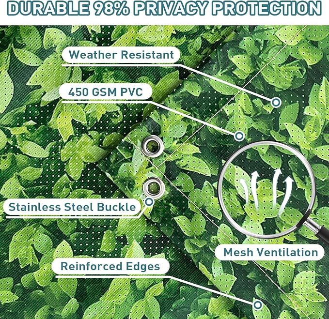 Shade&Beyond 4' X 16' Privacy Fence Screen Customized 450 GSM PVC Printed Privacy Fence with Zip Ties for Courtyards, Pools, Balconies-Green Leaves