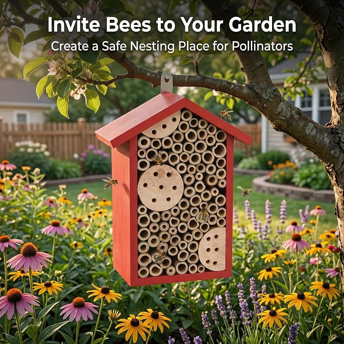 Topadorn Red Wooden Bee House, Natural Bamboo Tube Bee Hotel for Mason Bees, Outdoor Garden Pollinator Shelter with Hanging Ring
