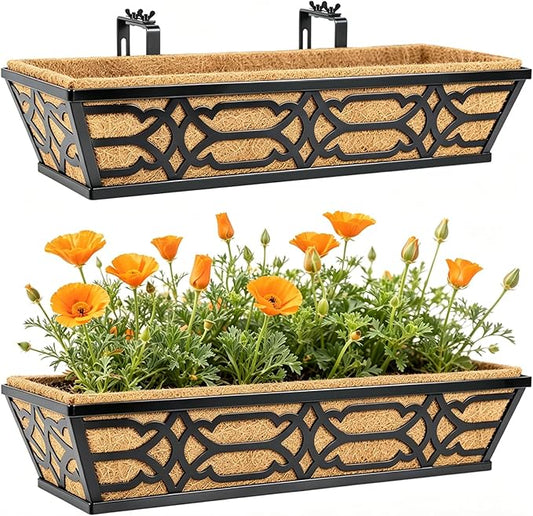 2 Pack 30 Inch Railing Planter Boxes with Coco Liner, Large Metal Window Boxes Planters for Deck Railing, Extra Wide Hanging Horse Trough for Outdoor Plants and Balcony Rails