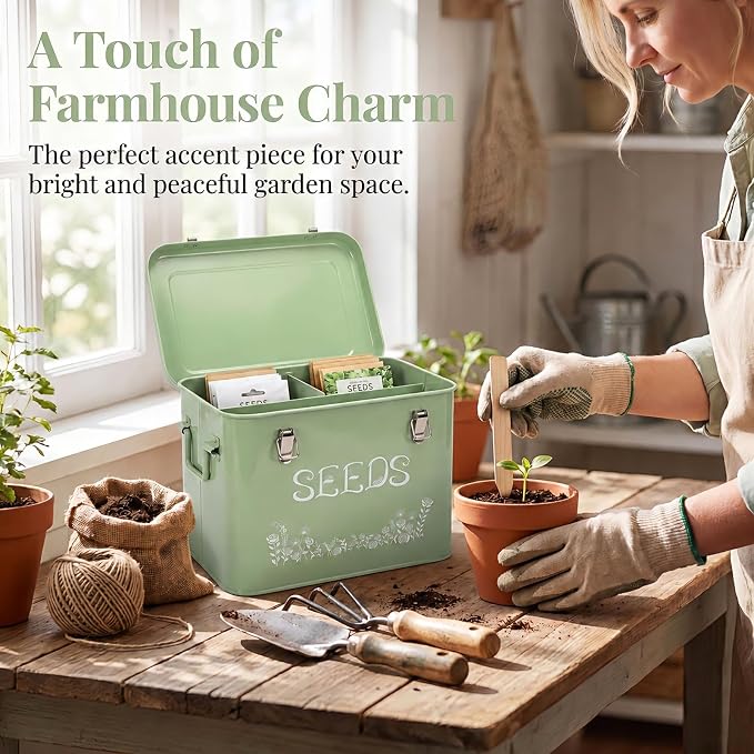 Covzoe Seed Storage Organizer, Metal Seed Saving Box with Garden String and 10 Wood Plant Labels, 3 Compartment Seed Container Bin with Lid and Safety Locks, Perfect for Flower Plants Garden Lover