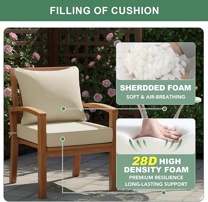 Summsun Patio Chair Cushions Set of 2, Faux Linen Outdoor Furniture Cushions, Water Resistant Backrest and Deep Seat Cushion Set with Ties, Removable Cover, Non-Slip Bottom, 24 x 24 Inch, Beige