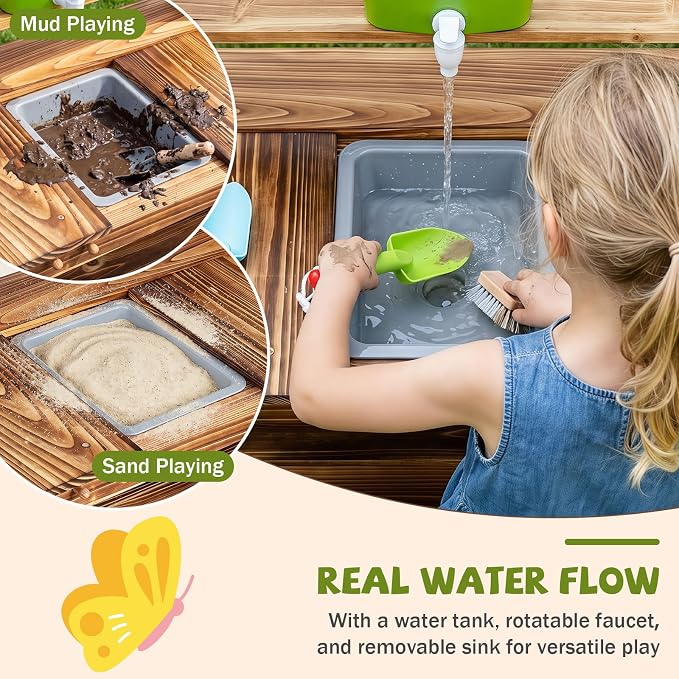 HONEY JOY Mud Kitchen, Fir Wood Kids Potting Bench Table, Removable Sink, 4 Planting Cups, Accessories, Outdoor Play Kitchen for Toddlers, Garden Time Mud Kitchen for Kids Outdoor Backyard