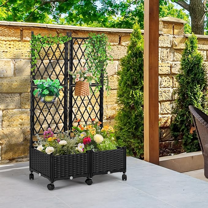 FOLLOOK Planter Box with Trellis, 4ft Tall Self-Watering Plastic Raised Garden Beds and Lattice Trellis with Lockable Wheels & Drain Plug for Outdoor Patio Backyard Balcony, Black, 2 Pcs