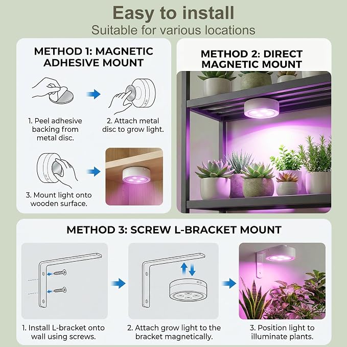 2 Pack Rechargeable Grow Light for Indoor Plants, Cordless Magnetic Plant Lights for Indoor Growing, 6500k Full Spectrum LED Lighting with Timer & Remote, Stepless Dimming for Plant Shelf