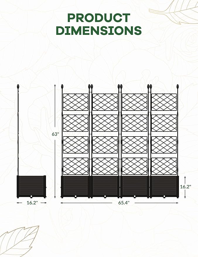 4 PCS Raised Garden Bed with Trellis & Privacy Screen, 66" Wide x 63" Tall Vertical Garden Planter Box for Climbing Plants, Large Outdoor Privacy Screen for Patio, Balcony, Yard, Garden Black