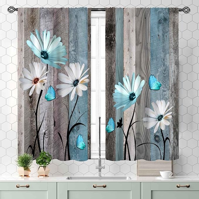 Farmhouse Daisy Curtains, Rustic Wooden Flower Retro Teal White Floral Spring Butterfly Rural Country Style Small Short Window Curtains for Living Room Bedroom Kitchen Bathroom 2 Panels, 55x39 Inch