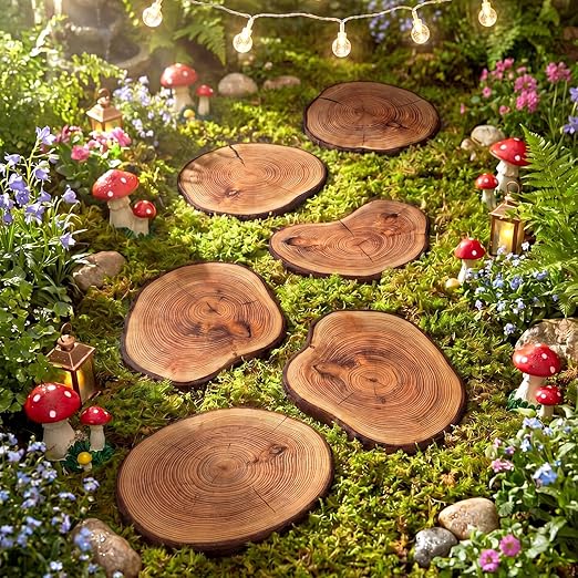 Dunzy 6 Pack Natural Wood Stump Stepping Stones, Diatom Mud Rustic Tree Trunk Stepping Stones Decorations for Garden Pathway, Yard Decor, Outdoor Walkway, Wedding Party Ground Decoration, 8 Inch