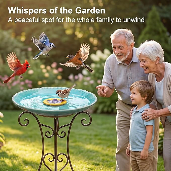 Topadorn 2" Depth Ceramic Birdbath & Birdfeeder for Small Birds Outdoors, 12.2'' Bird Bath Bowl for Vintage Garden Patio Yard Lawn Decor, Blue with Yellow Flower
