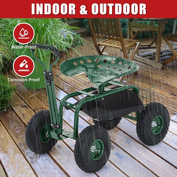 Rolling Garden Work Seat with Wheels, 400lbs Heavy Duty Garden Cart, 360° Swivel Adjustable Height Rolling Stool, Extendable Handle, Storage Basket & Tray for Gardening, Lawn Care, Adults & Seniors
