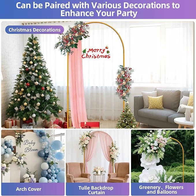 Hemmotop 7.2FT Arch Backdrop Stand for Party, Ceremony, Metal Arch Frame with Ground Stakes, Gold Photo Back Drop Stand for Bridal Shower, Birthday, Photo Booth, Garden Decoration, Baby Shower