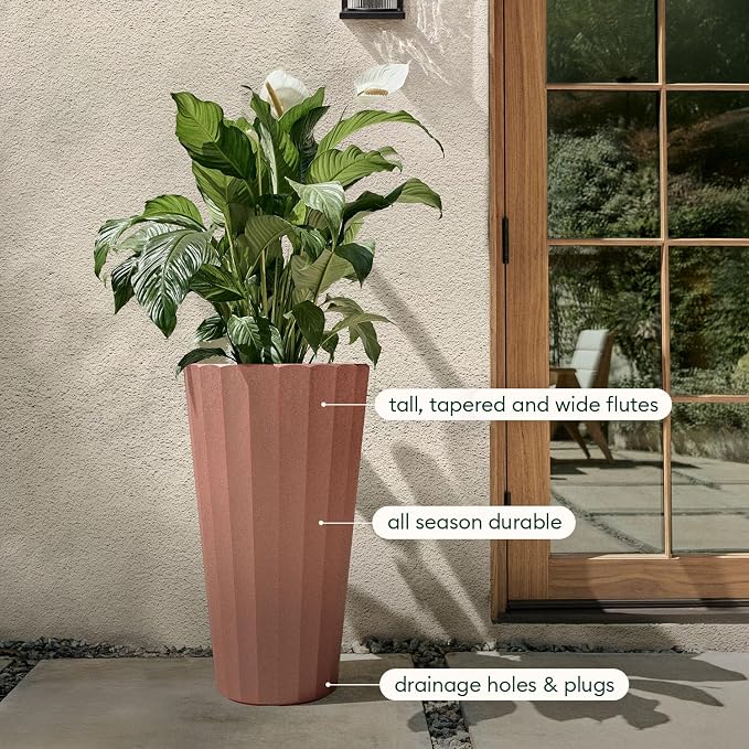 Veradek Column Series 26" Tall Outdoor Planter for Porch & Patio | Durable Plastic-Stone Material w/Shelf | Modern Décor for Plants & Flowers