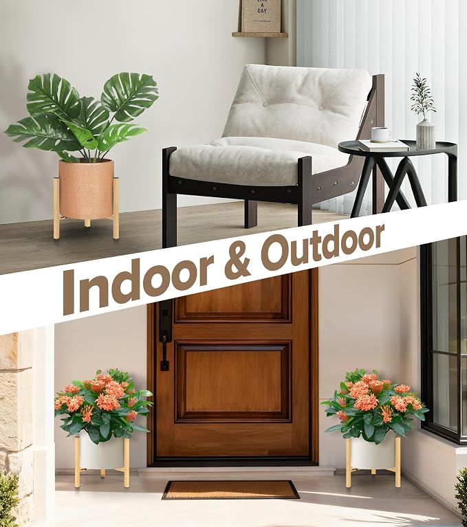 Plant Stand Indoor Adjustable, Metal Modern Indoor Plant Stand, Heavy Duty Plant Stands Outdoor Corner, Stable Plant Holder, Fits 8 to 12 Inches Pots, Black, 1 Pack, Natural Wood-Grain