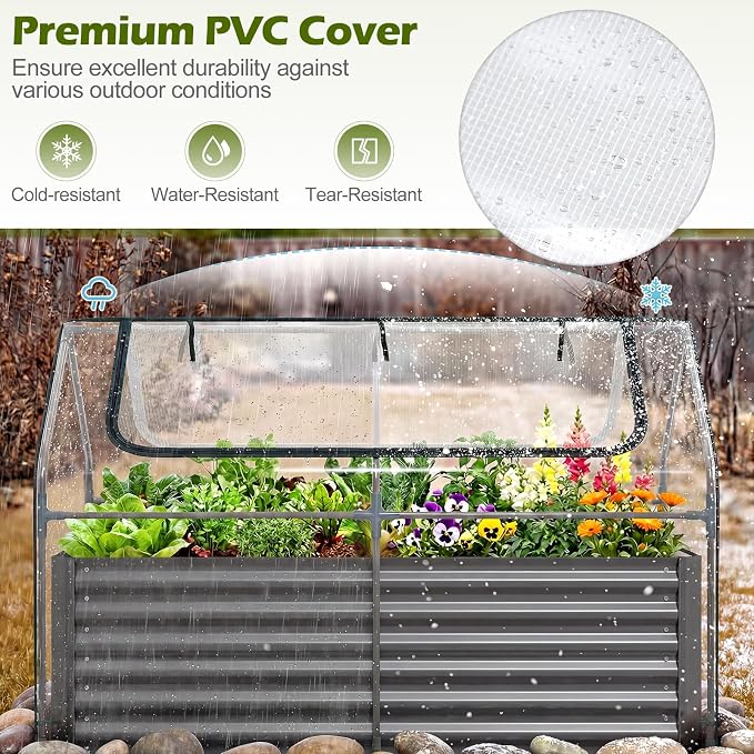 Giantex 3-in-1 Metal Raised Garden Bed with Greenhouse Cover, 6x3x4 FT Metal Elevated Outdoor Planter Box with Roll-Up Windows, Open Base Grow Box for Vegetables, Flowers and Herbs, Black