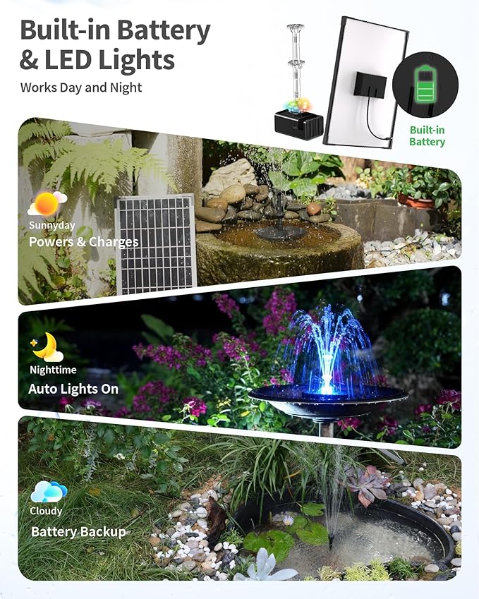 POPOSOAP 12W Solar Fountain Pump Built-in 4200mAh Battery Backup, LED Colorful Lights & Remote Control, Solar Powered Pond Pump for Bird Bath, Fish Tank, Outdoor Garden Water Features P112DL