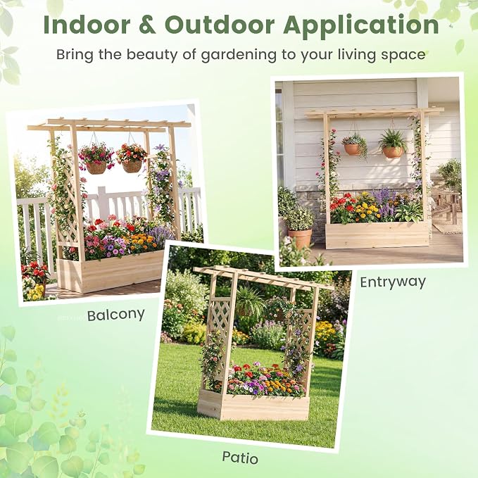 Giantex Wooden Raised Garden Bed with Trellis & Hanging Roof, Fir Wood Planter Box, 45" Freestanding Elevated Garden Bed for Outdoor Climbing Plants Vegetables Flowers, Patio & Balcony, Natural