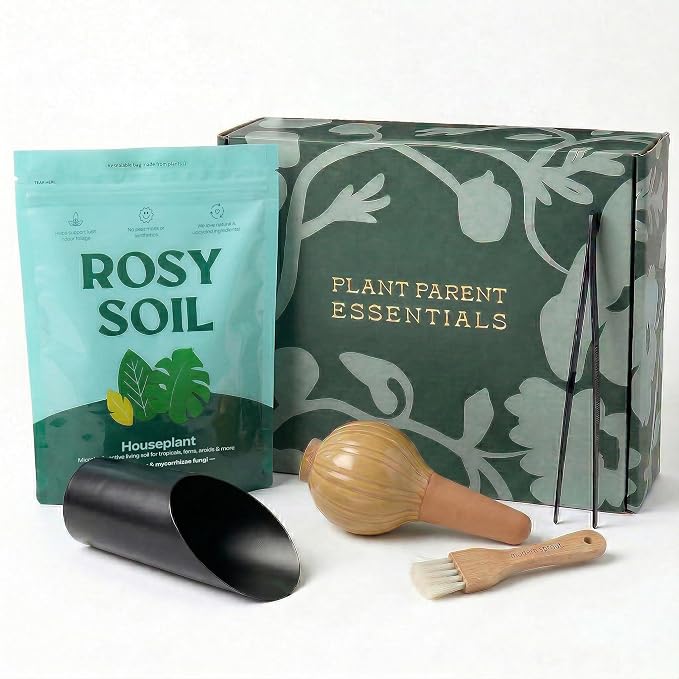 Rosy Soil Plant Parent Essentials Gift Box - Indoor Plant Kit & Gardening Tool Kit | Peat-Free Houseplant Soil, Terracotta Watering Bulb, Soil Scoop, Plant Brush - Gift for Father's Day, Plant Lovers