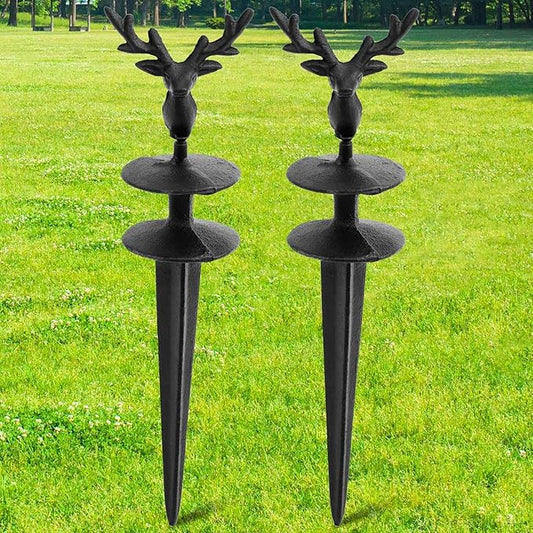Tandefio 3 Pcs Deer Head Garden Hose Guide Stakes, Heavy Duty Decorative Antique Black Cast Iron Metal Hose Guides, Plant Protector for Lawn Yard Flower Bed
