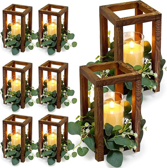 18 Pcs Wooden Lantern Centerpiece - Wedding Lantern with Eucalyptus Candles Wreaths LED Flameless Candles Rustic for Country Wedding Party Farmhouse Table Decor