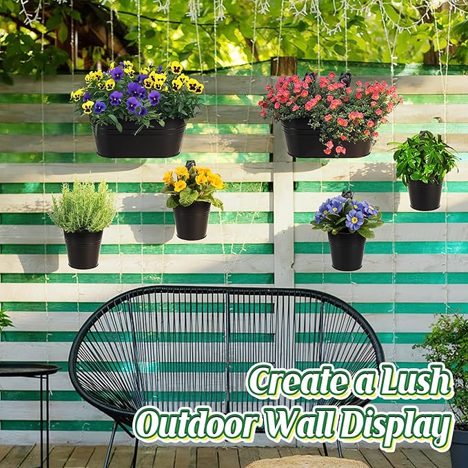 MADHOLLY 6Pcs Railing Planter with Drainage - 10.8" & 5.1" Bucket Pots for Balcony Railing, Metal Iron Hanging Flower Pots for Herb Planter Outdoor Deck & Rail Decor with Hook, Black