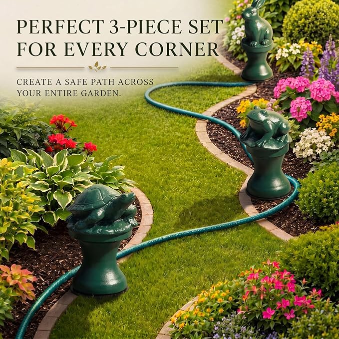 Tandefio 3 Pcs Garden Hose Guide Stake 12 Inch Heavy Duty Metal Water Hose Guard Roller Guide Decorative Garden Stake Spike for Flower Bed Plant Protection Outside Yard Lawn