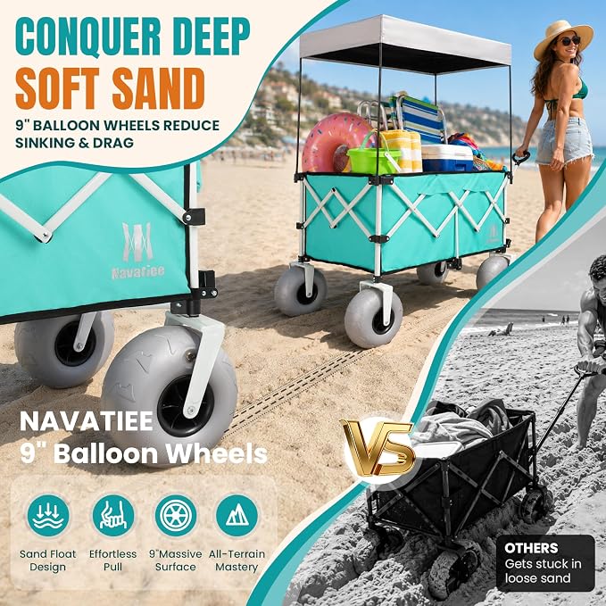 Navatiee Beach Wagon with Big Balloon Wheels for Sand, 200L Extra Large Beach Cart with Canopy, 440Lbs Heavy Duty Folding Wagon Collapsible with 9" Tires & Side Pocket for Beach, Outdoor, Light Blue