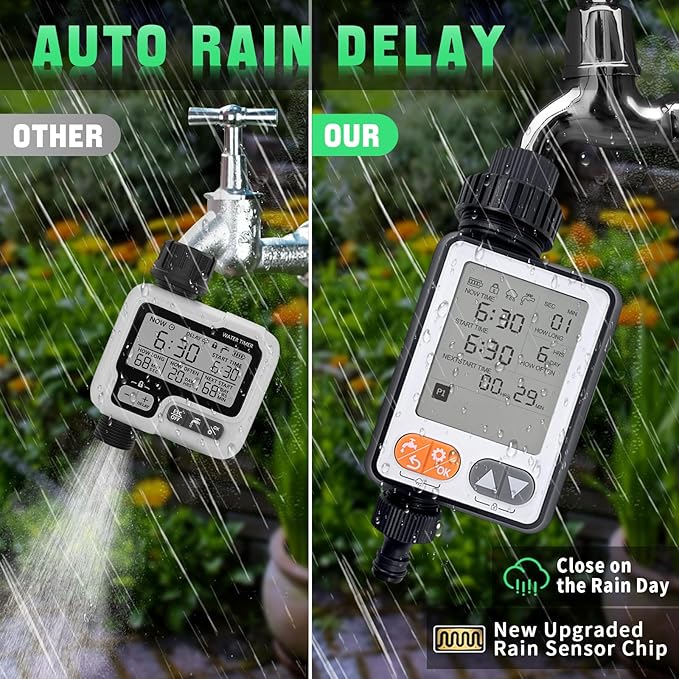Water Timer for Garden Hose with Auto Rain Delay, 10 Programmable Sprinkler Timer with 3.3“ Large LCD IP54 Waterproof Drip Irrigation Watering Timers for Plant, Yard, Lawns, Outdoor