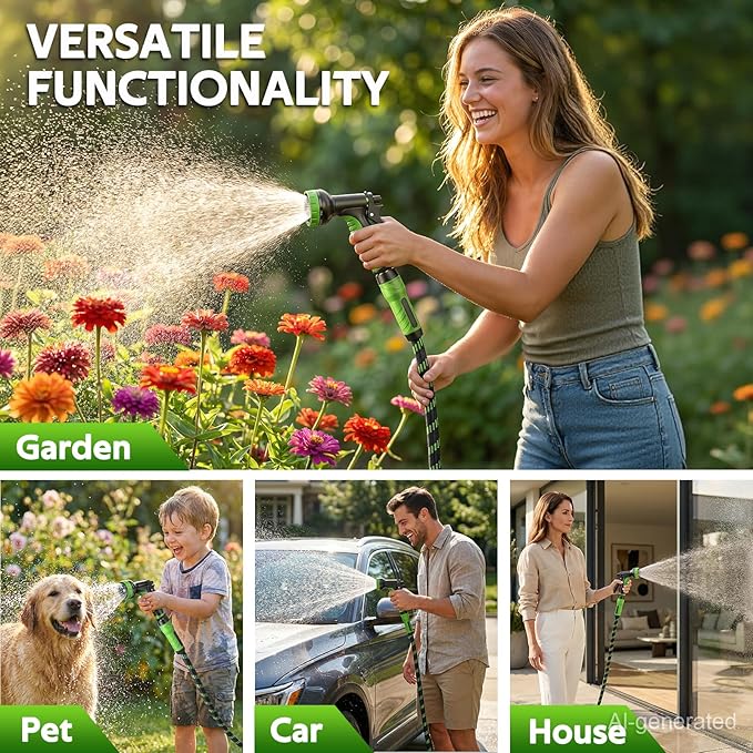 NON-EXPANDABLE Garden Hose 75 FT, Heavy Duty Steel Metal Flexible Water Hose with 10-Function Spray Nozzle, Durable Fabric Skin, No Kinks & Leak-Proof with Upgraded Handle