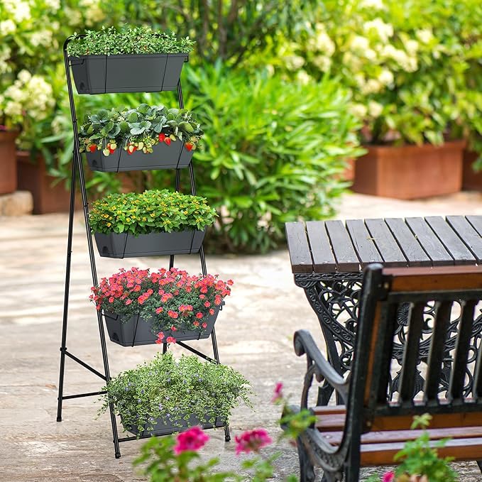Raised Garden Bed 5 Tier Vertical Planter Standing Herb Garden Elevated Box With Drainage Holes Tall Planters for Outdoor Plants Vegetables Flowers Grey