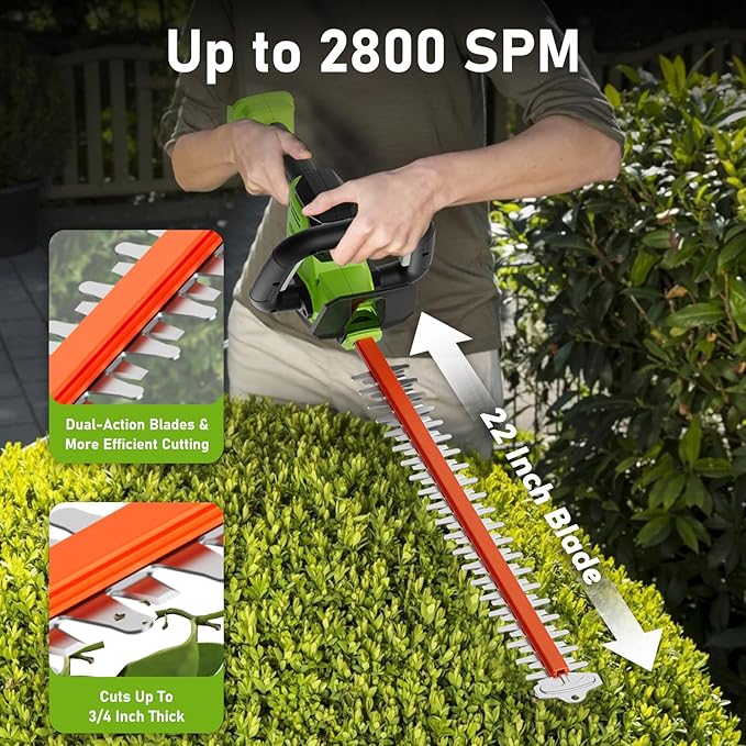 SUNCHERS 20V Max Hedge Trimmer Cordless, 22 Inch Tree Trimmer with 2 Batteries and Charger, Handheld Electric Trimmers, Grass Shrub Pruning Cutter, Lightweight & Compact Hedge Shear for Garden, Lawn