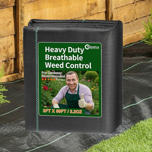 HOOPLE 3FT x 50FT Heavy-Duty Weed Barrier Fabric – Woven Landscape Fabric for Gardening, Weed Block Ground Cover Mat, Geotextile Fabric for Underlayment & Driveways