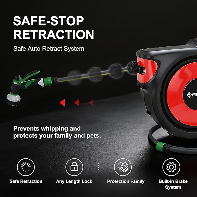 PURUS Retractable Garden Hose Reel,1/2 in x 100 ft Wall Mounted Hose Reel, with 8- Function Sprayer Nozzle, Any Length Lock, Smooth Retraction, Wall Mounted, 180°Swivel Bracket