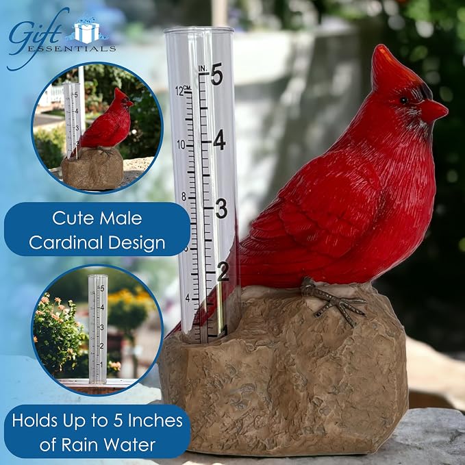 Gift Essentials Cardinal Decorative Rain Gauge Outdoor - Resin Bird Figurine on Rock Base - Removable Tube Measures Up to 5 Inches of Rainfall - Garden Decor Gift