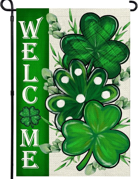St Patricks Day Shamrocks Garden Flag 12x18 Inch, Double Sided Green Clovers Welcome Flag for Yard Outdoor Decoration