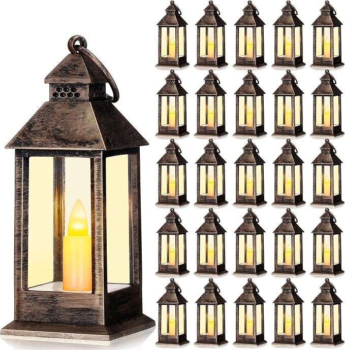 Hoolerry 24 Set 5.5'' Mini Lanterns with LED Candle for Wedding Centerpiece Vintage Decorative Hanging Small Lantern Battery Powered for Halloween Wedding Table Centerpiece(Rustic)