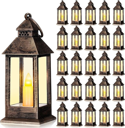 Hoolerry 24 Set 5.5'' Mini Lanterns with LED Candle for Wedding Centerpiece Vintage Decorative Hanging Small Lantern Battery Powered for Halloween Wedding Table Centerpiece(Rustic)