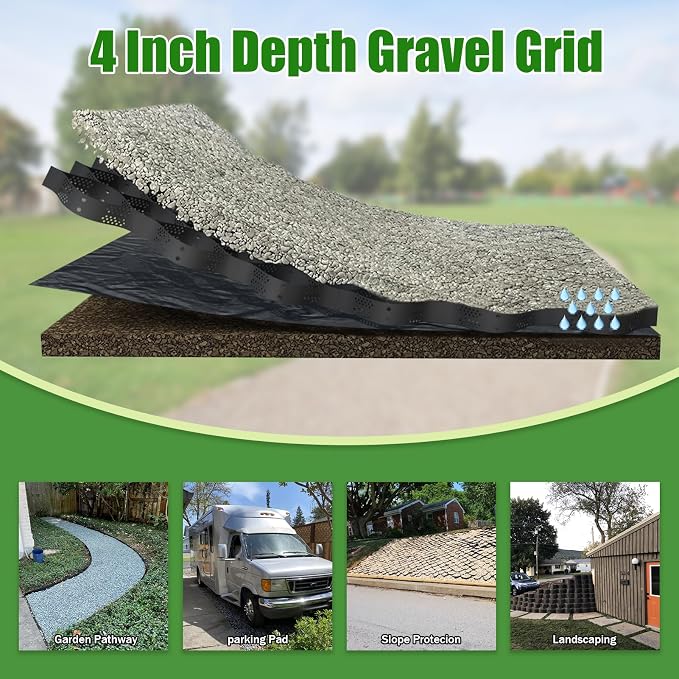 4" Thick Gravel Ground Grid 6.5ft x 33ft - Geo Grid Driveway Stabilization Grids, Gravel Retainer Grid 1885 LBS Per Sq ft, Geocell Geogrid for Walkway Driving RV Parking Slopes and Garden