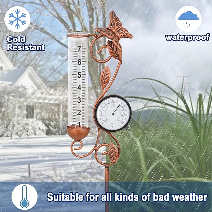 Rain Gauge Outdoor, coppery Butterfly Rain Gauge with Thermometer for Measuring Precipitation, Garden Decoration,Yard Garden Patio Lawn(Coppery Butterfly Thermometer)