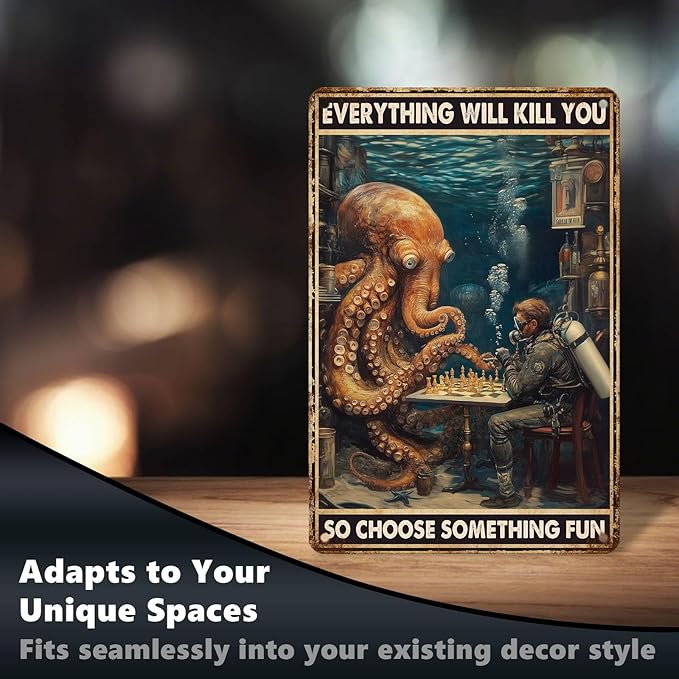 Everything Will Kill You So Choose Something Fun Vintage Octopus Tin Sign Funny Dark Humor Retro Metal Wall Decor for Bathroom Bar Man Cave Office Nautical Wall Art 12x8 Inch