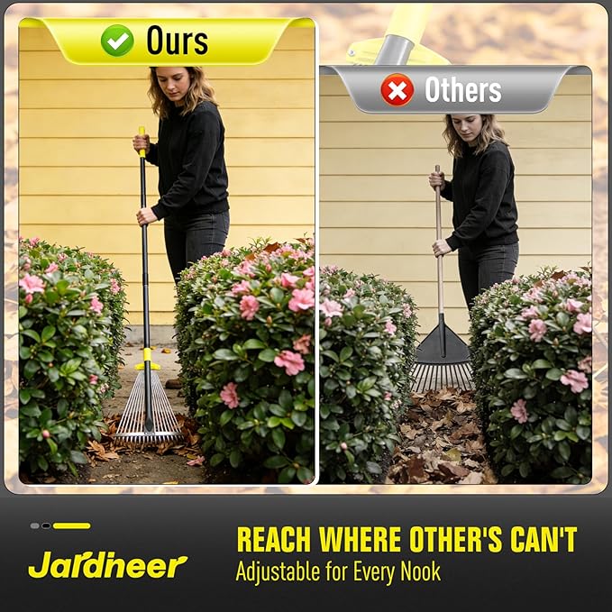 Jardineer Garden Rake for Leaves - Adjustable Metal Leaf Rake with Expandable Head and 59 Inch Long Handle, Rake for Camping, Debris, Tight Spaces and Yard Waste Removal