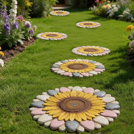 Sunflower Flower Cement Stepping Stones, 2 Pack, 10 Inch, Heavy Duty Non-Slip Outdoor Walkway Decor for Yard, Patio, Lawn